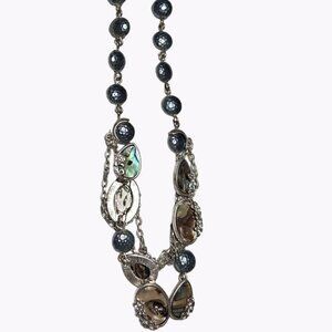 Vintage America Boho Abalone Shell Blue Beaded Statement Silver Tone Necklace